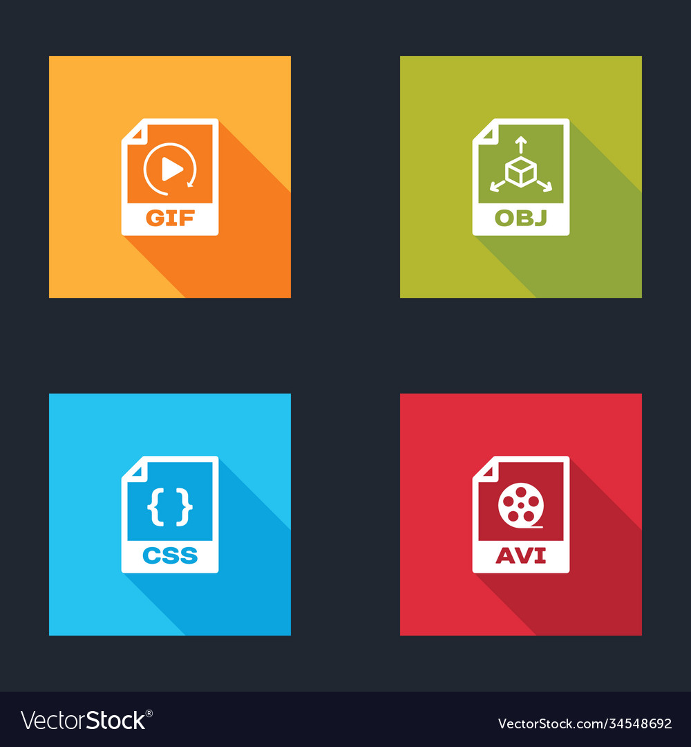 Setzen Sie gif-Datei Dokument obj css und avi-Symbol vector image Setzen Sie gif-Datei Dokument obj css und avi-Symbol