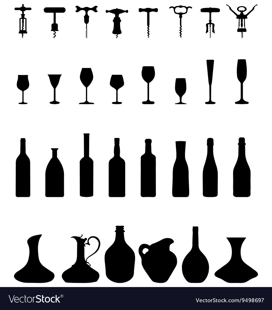 Bottles glasses and corkscrew Royalty Free Vector Image