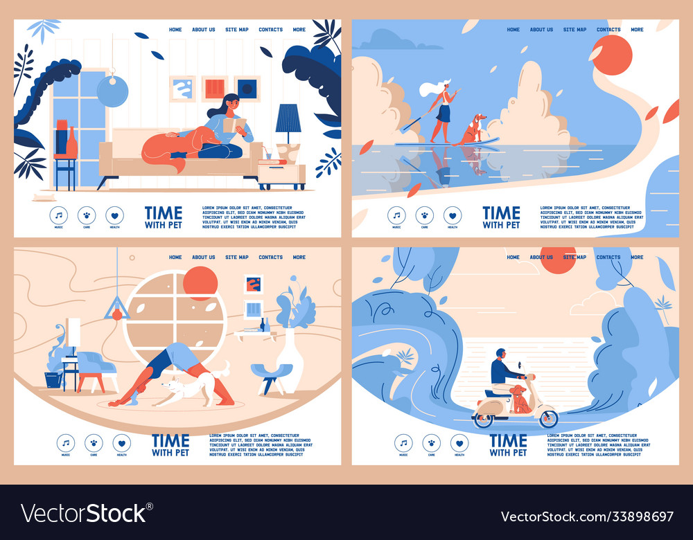 Dogs and owners time landing page templates yoga vector image Dogs and owners time landing page templates yoga