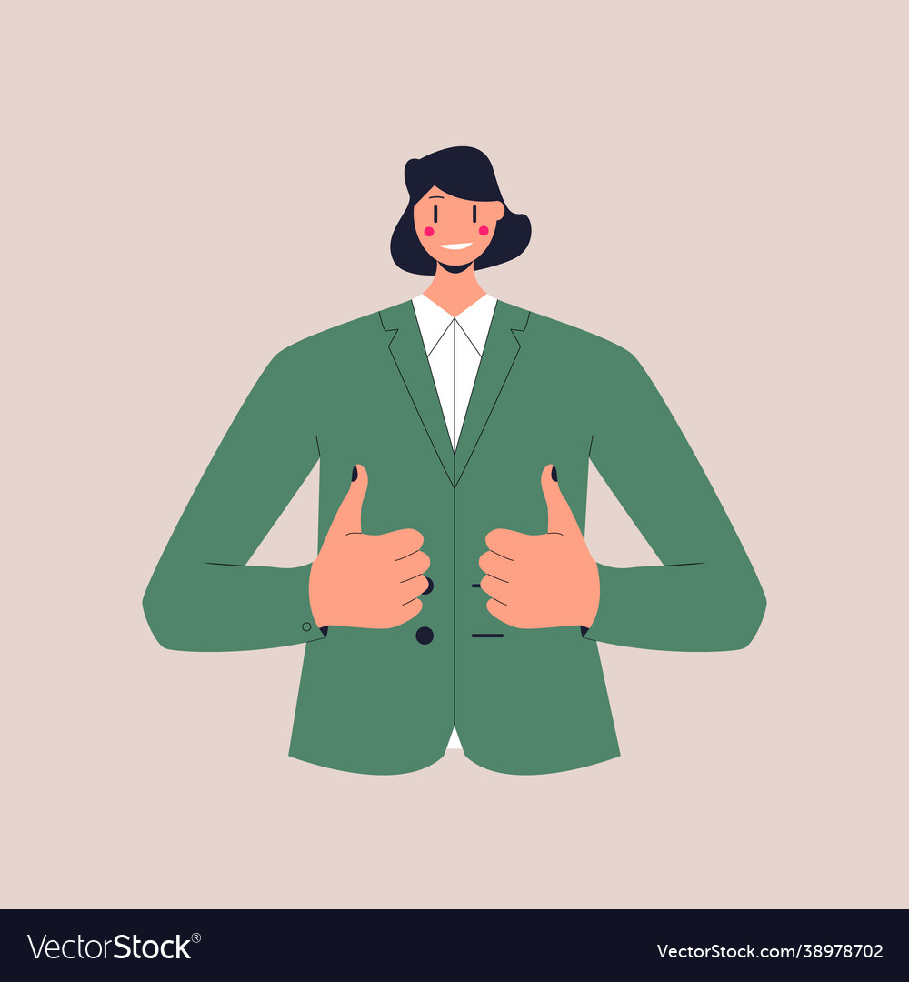 A smiling woman in business suit shows thumbs