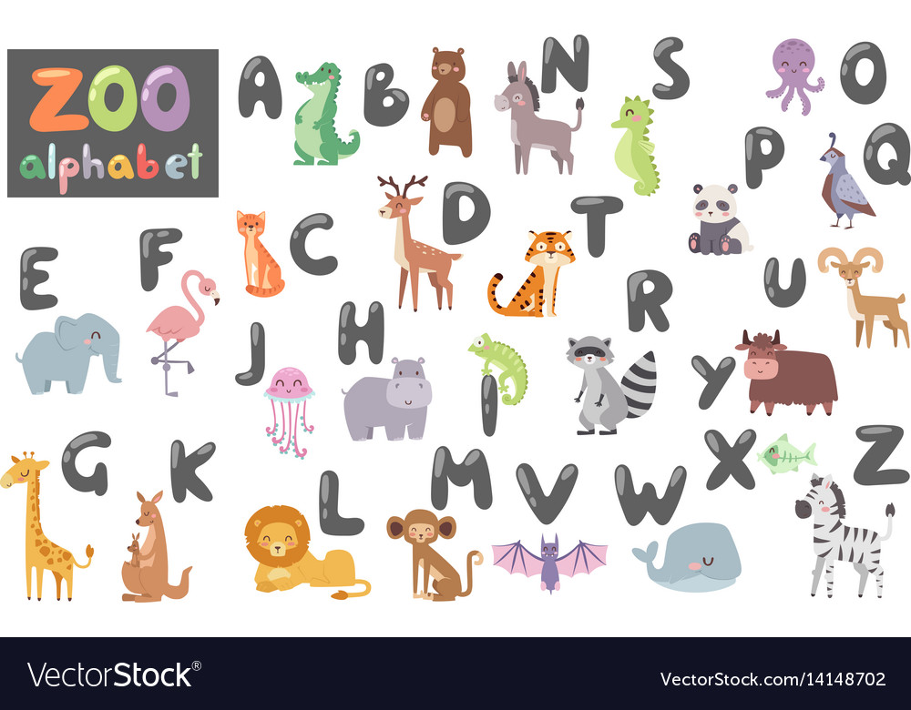 Cute zoo alphabet with cartoon animals isolated Vector Image