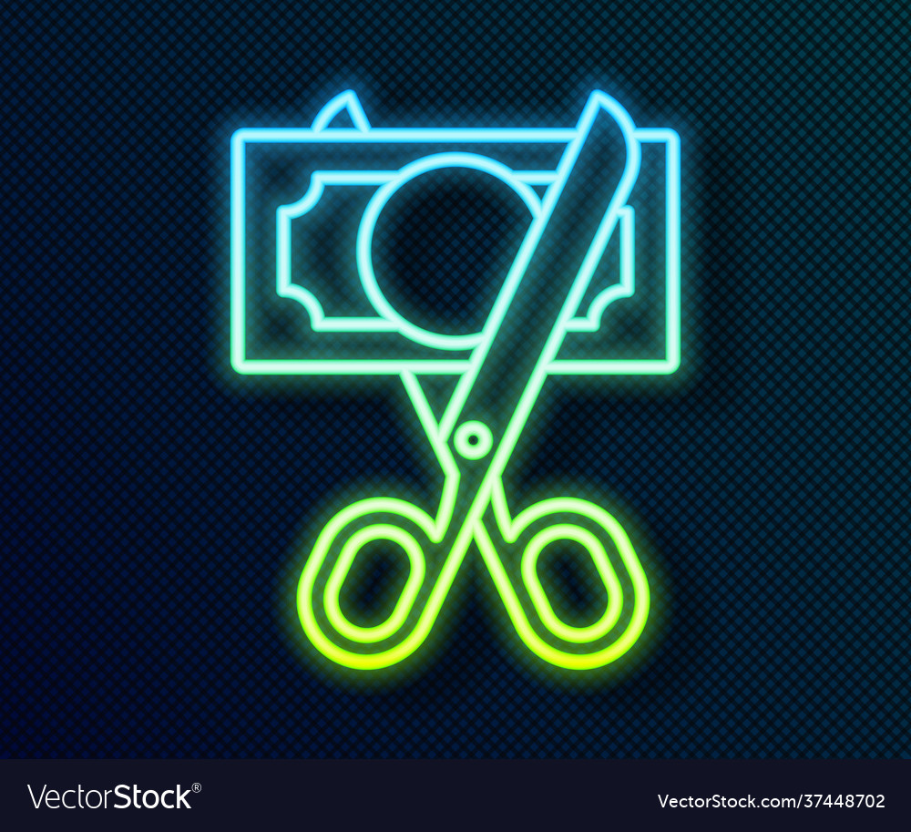 Glowing neon line scissors cutting money icon