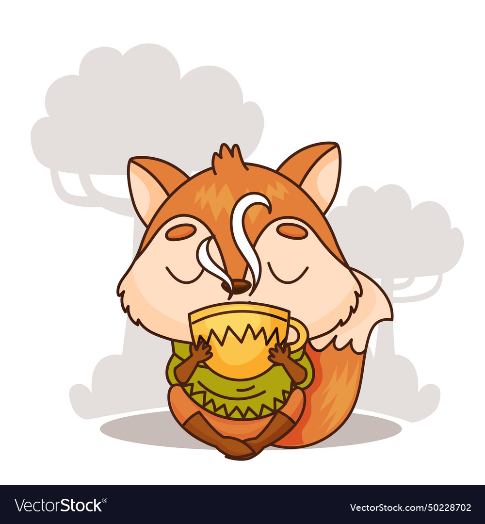 Happy cartoon fox with a cup of coffee or tea