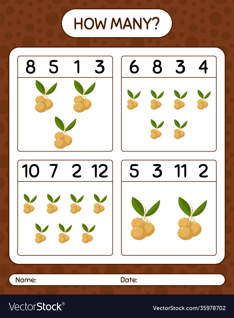 How many counting game with longan worksheet vector image How many counting game with longan worksheet