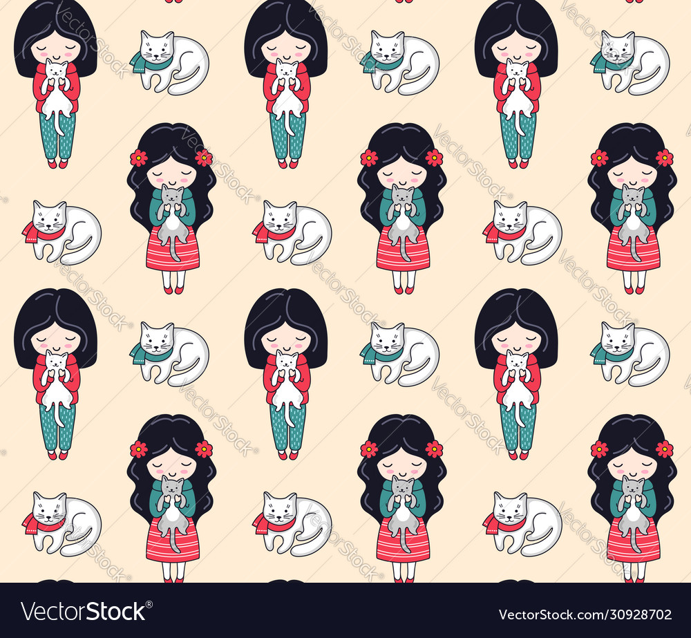 Seamless pattern with girls and cats cute cozy