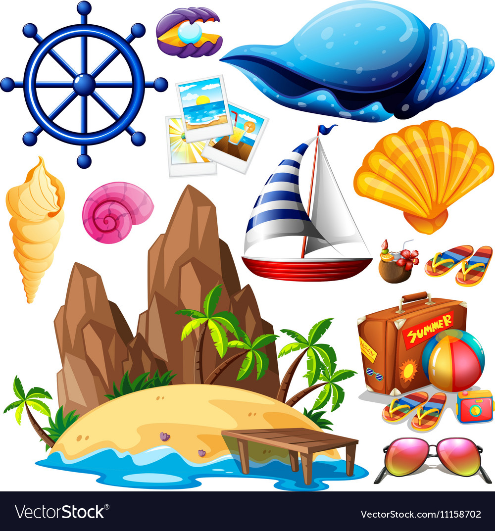 Summer theme with island and beach items