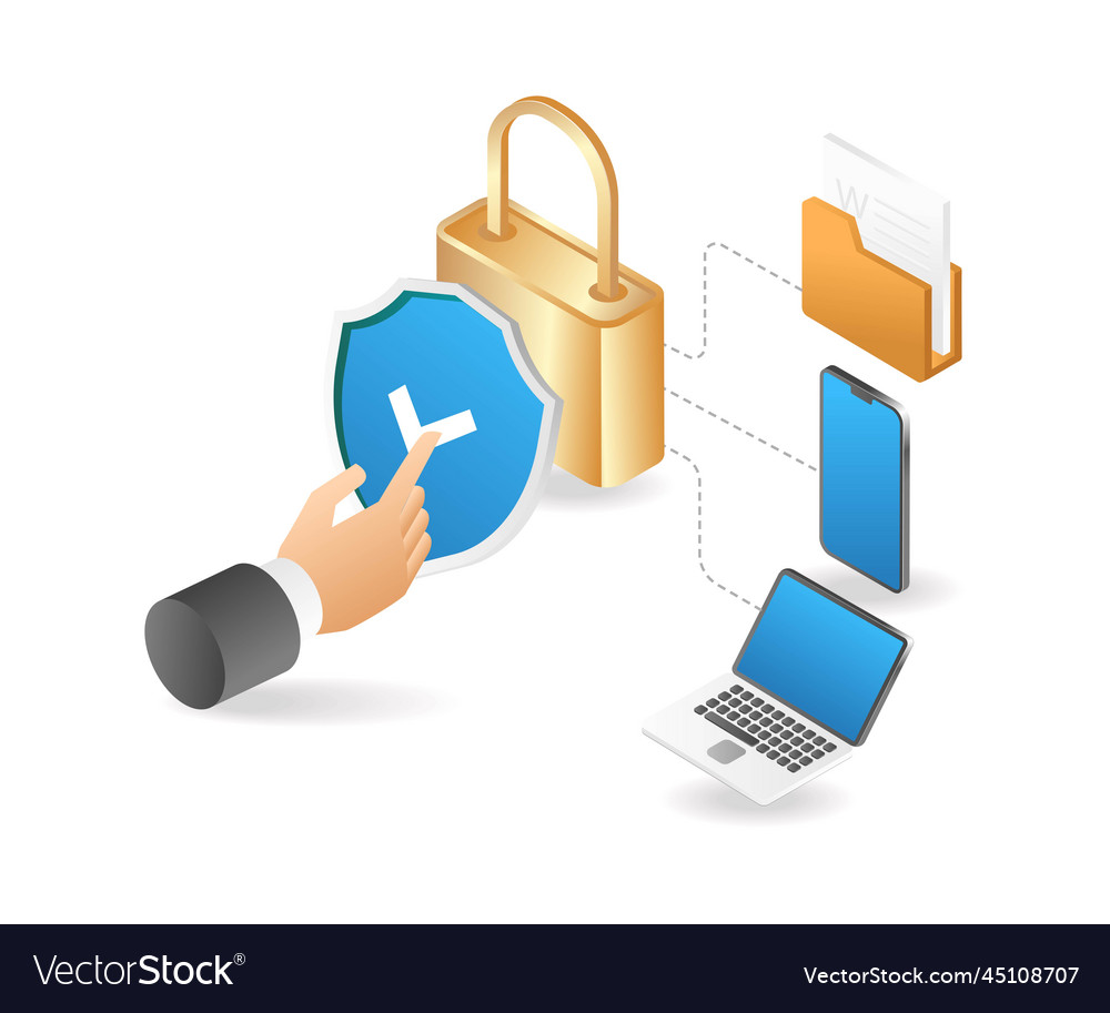 Flat isometric 3d of unlocking app data vector image Flat isometric 3d of unlocking app data