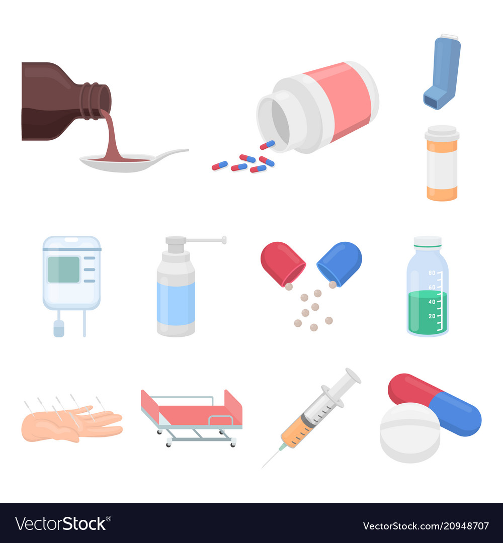 Medicine and treatment cartoon icons in set