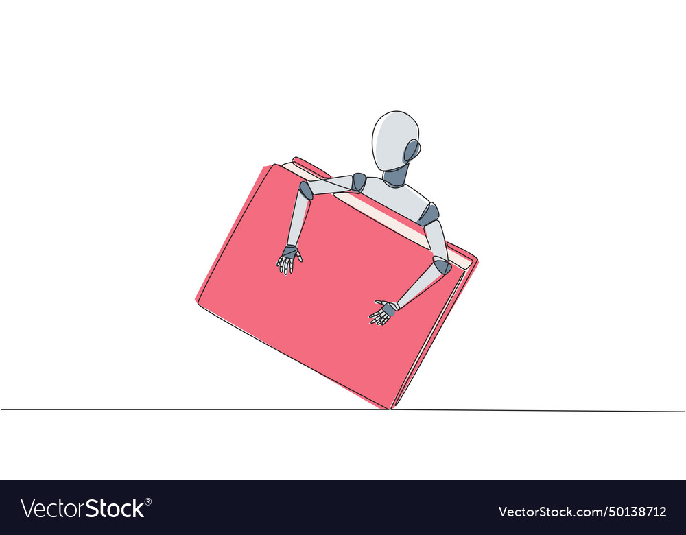 Continuous one line drawing robot hugging book vector image Continuous one line drawing robot hugging book