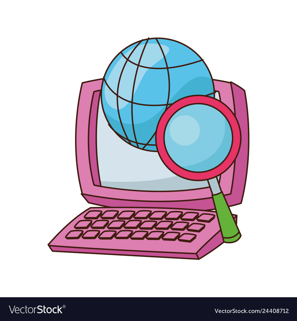 Desk computer with magnifying glass and global
