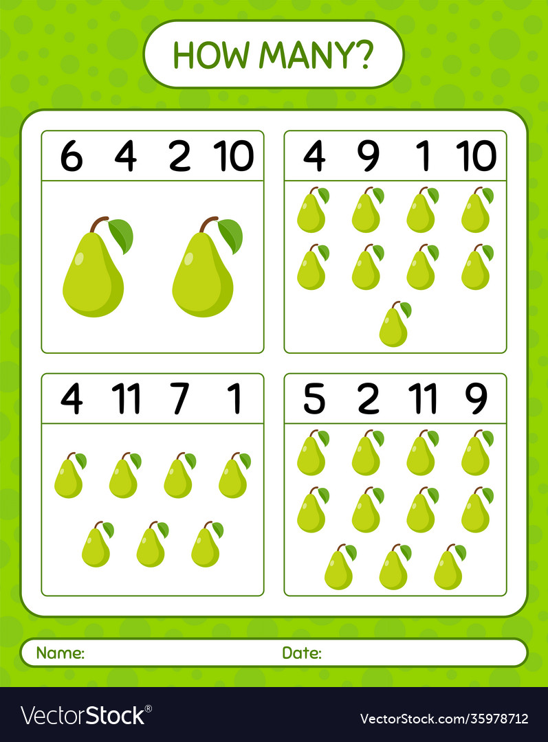 How many counting game with pear worksheet vector image How many counting game with pear worksheet