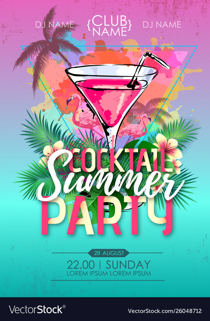 Summer beach party disco poster with cocktail Vector Image