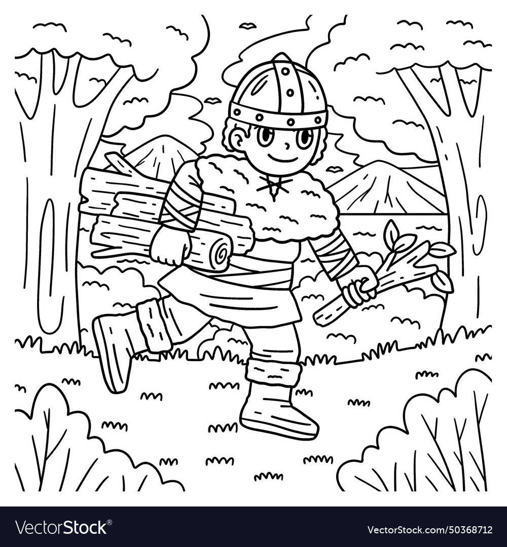 Viking child gathering logs coloring page for kids