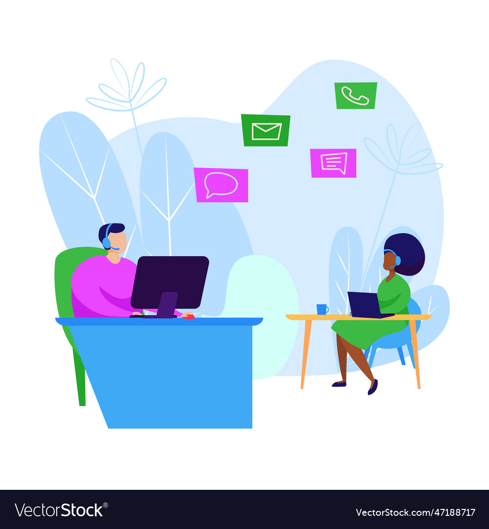 Call center operator using computers landing page vector image Call center operator using computers landing page