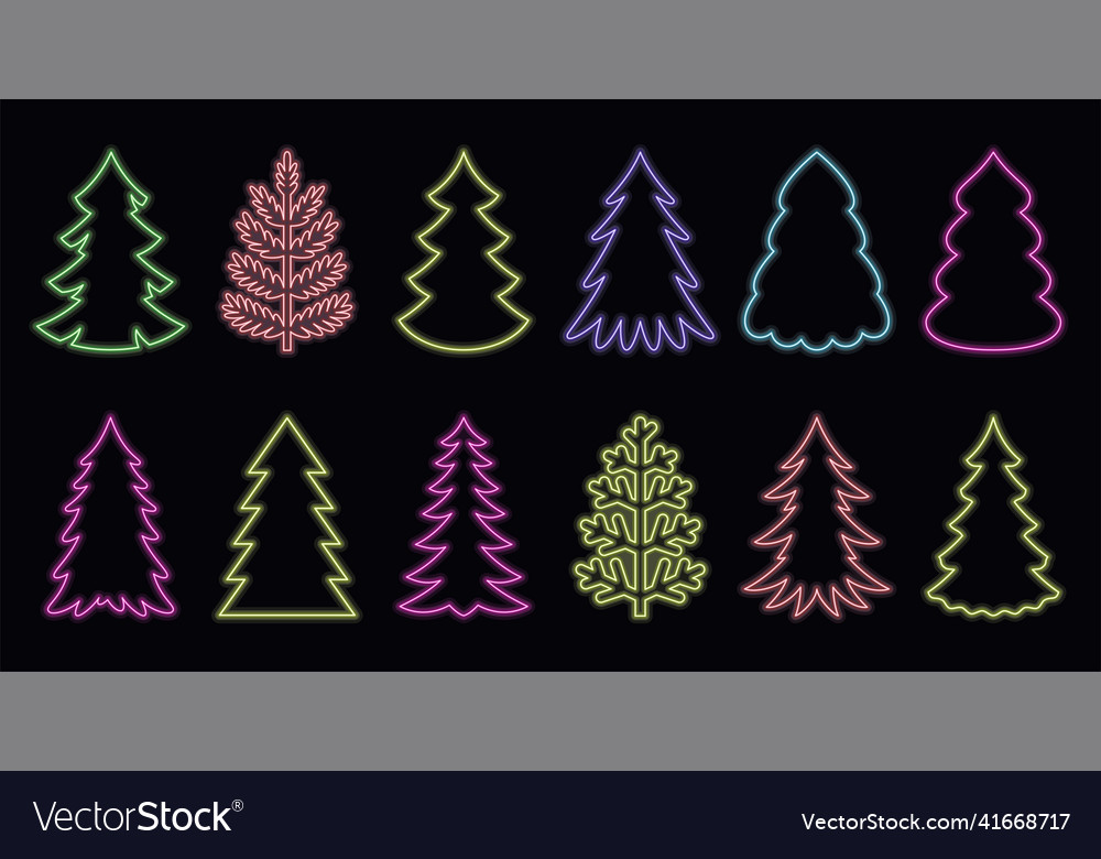 Neon Weihnachten Baum Urlaub Banner Zeichen flach Set