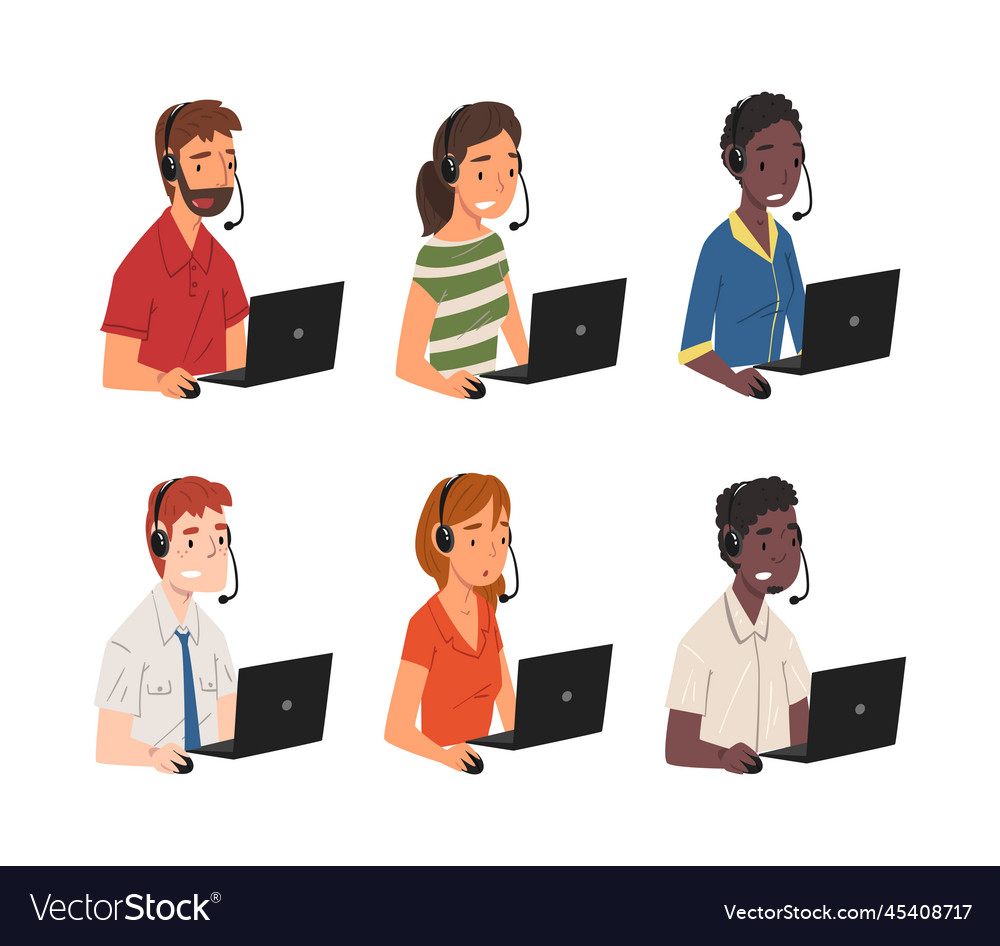 Support service operators with headsets set vector image Support service operators with headsets set