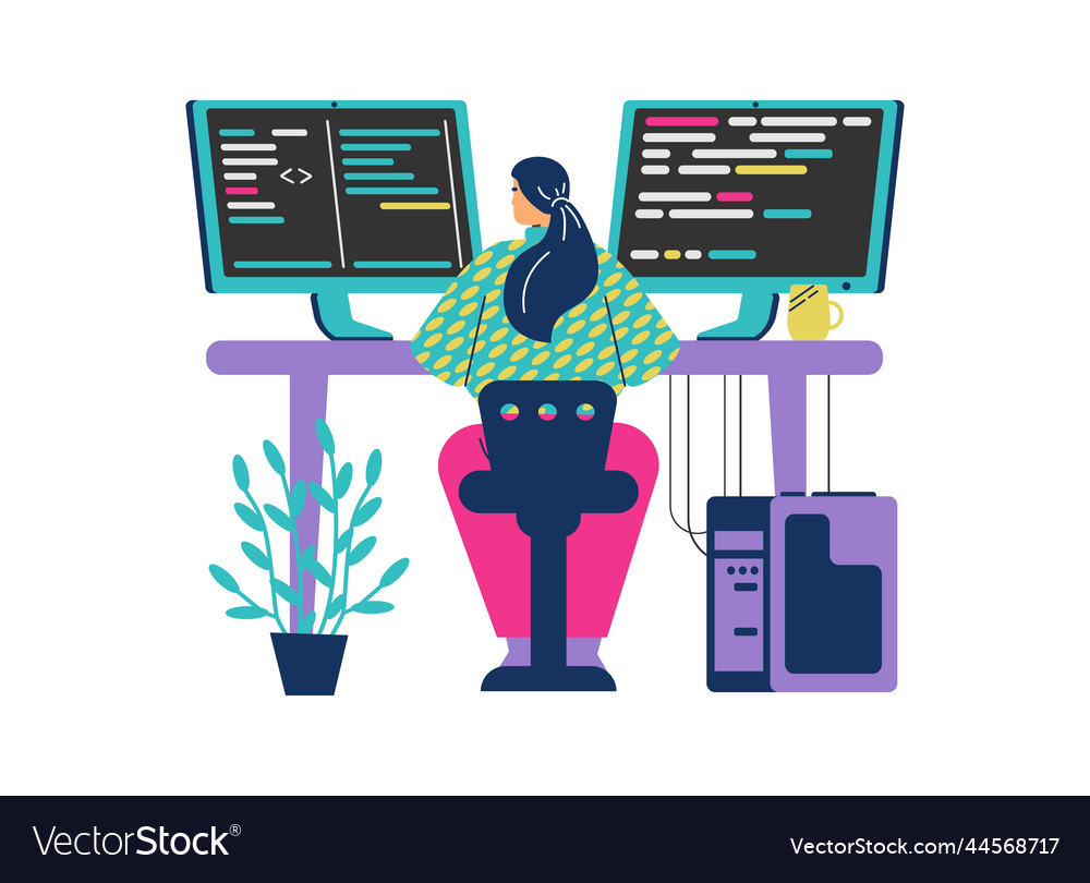 Woman sitting at table and coding on computer vector image Woman sitting at table and coding on computer