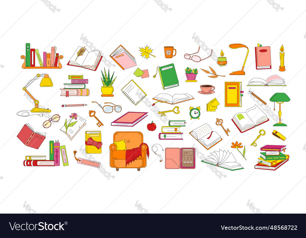Big set of books and reading related objects Vector Image Big set of books and reading related objects