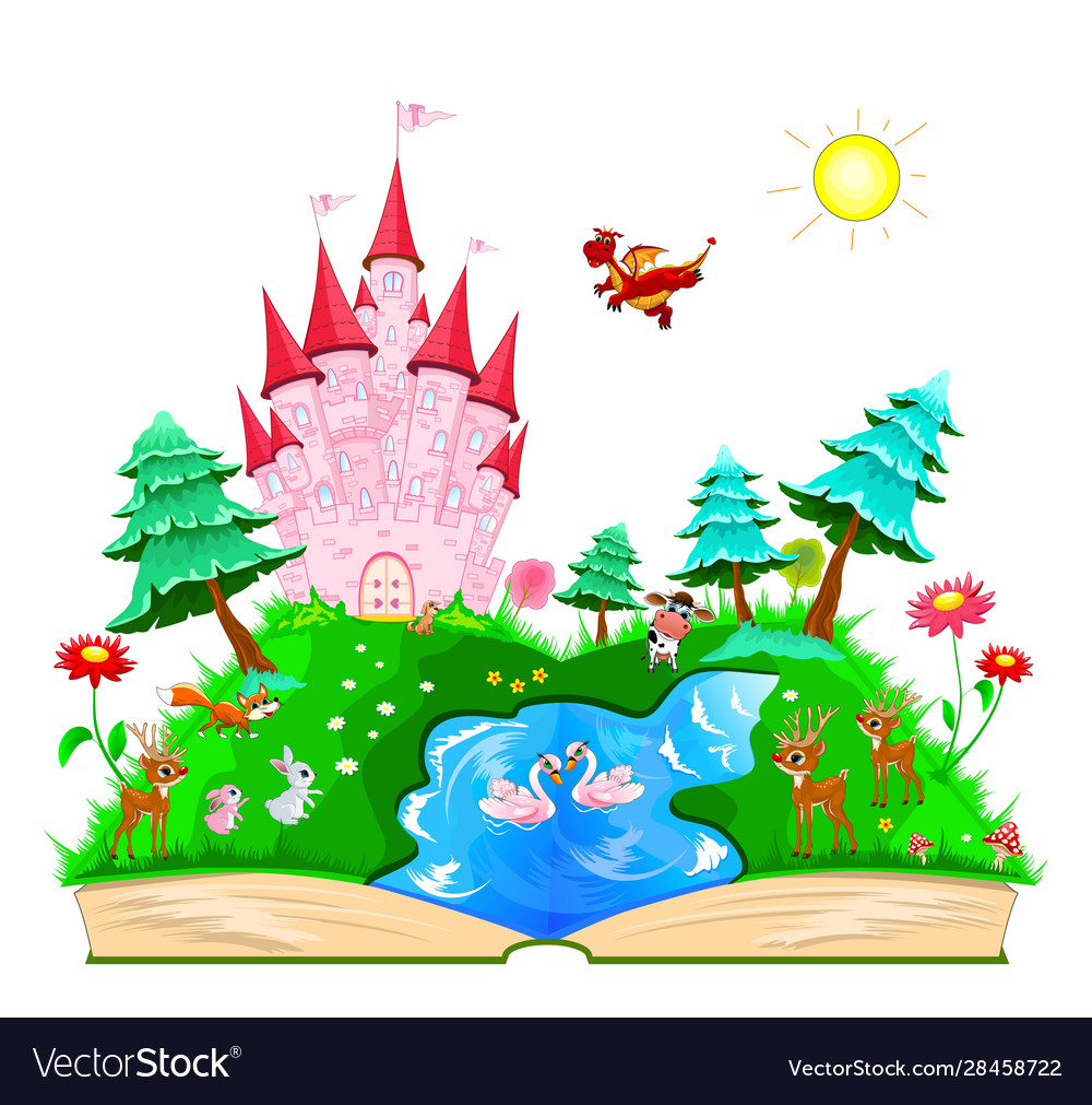 Book with a pink castle and animals