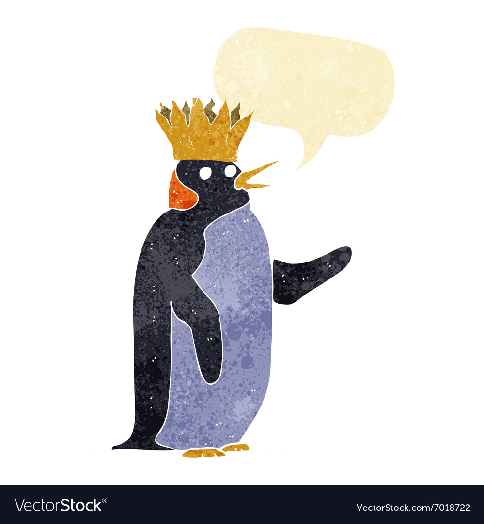 Cartoon emperor penguin waving with speech bubble