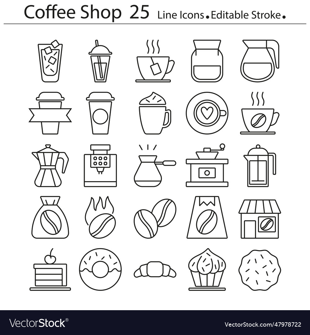 Coffee shop line icons editable stroke set objects vector image Coffee shop line icons editable stroke set objects