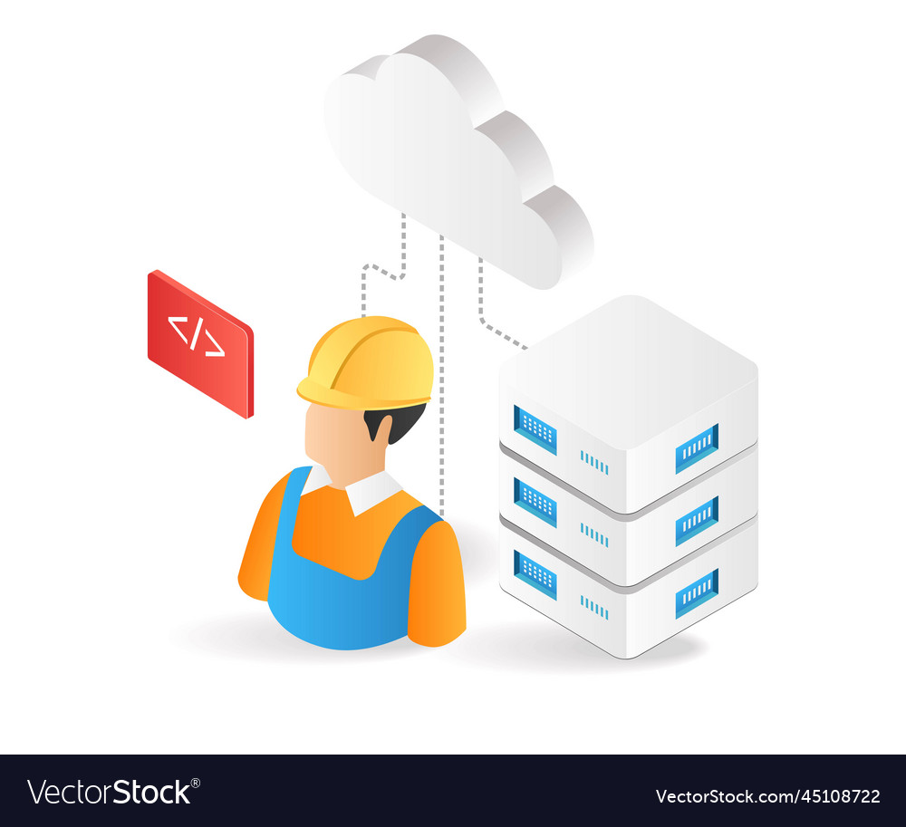 Flat isometric 3d programmer cloud server vector image Flat isometric 3d programmer cloud server
