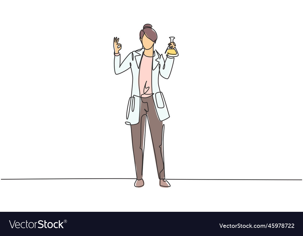 Single one line drawing female scientist stands