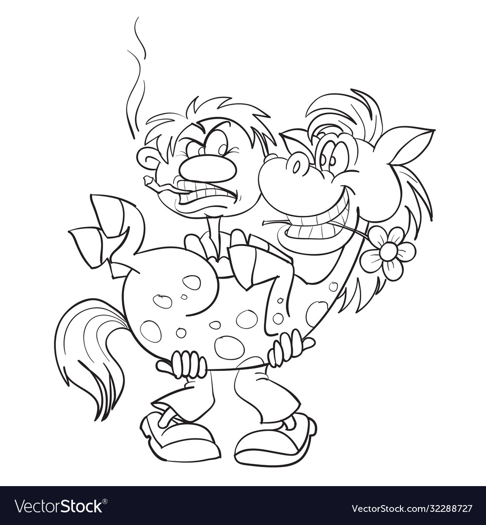 Cartoon Mann hält ein Pferd in seinen Armen Skizze vector image Cartoon Mann hält ein Pferd in seinen Armen Skizze