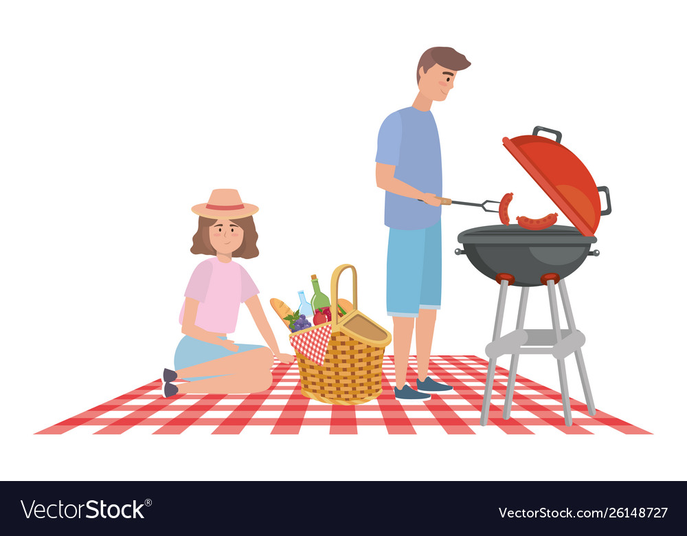 Couple woman and man having picnic design