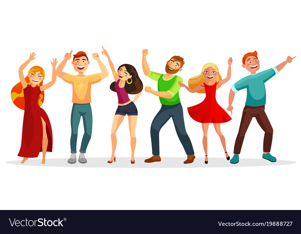 Happy people dancing in various poses flat