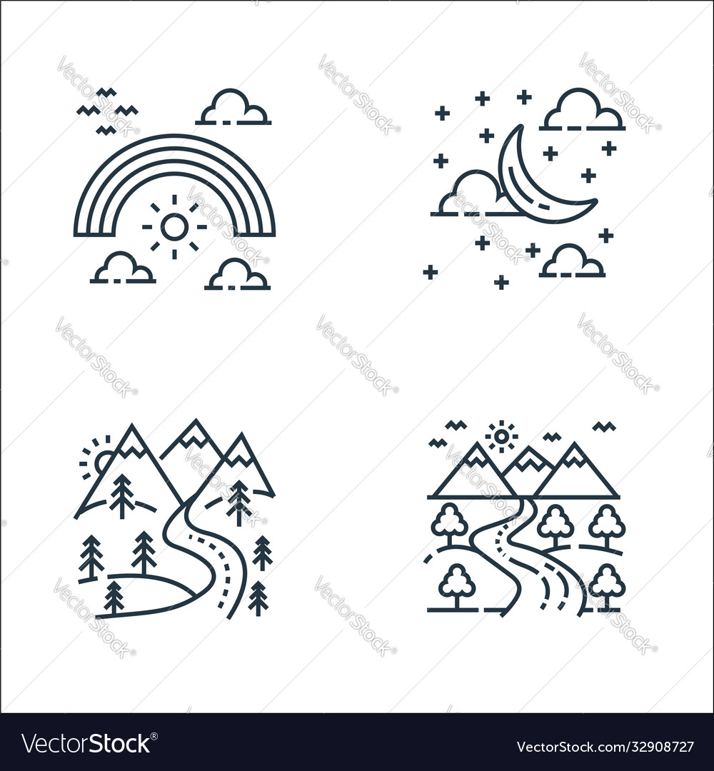 Nature and landscape line icons linear set vector image Nature and landscape line icons linear set