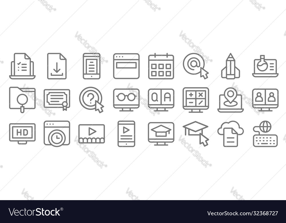 Online learning line icons linear set quality vector image Online learning line icons linear set quality