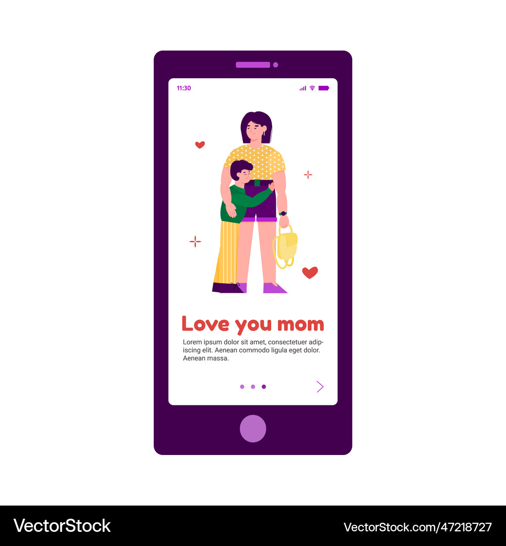 Son hugging mother in mobile page template for app