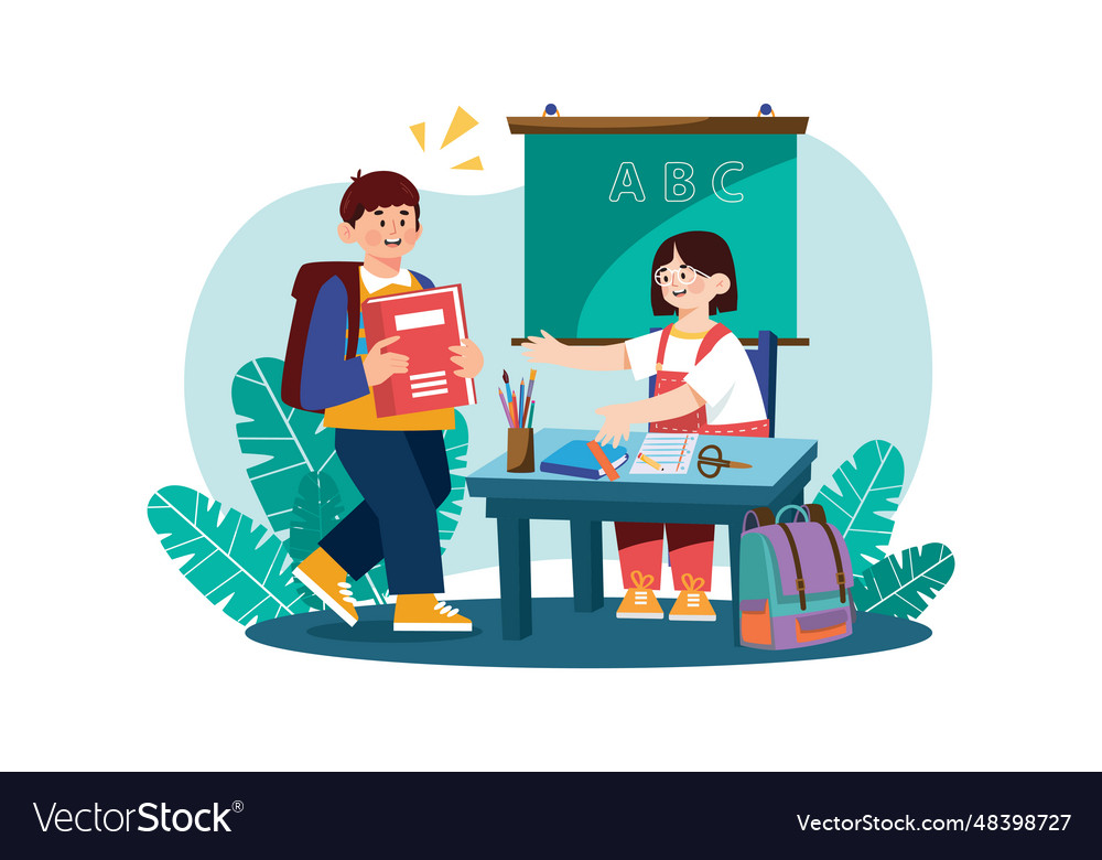 Students prepare school supplies concept on white Vector Image