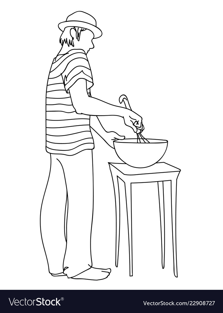 Young man in hat and striped t-shirt prepares food