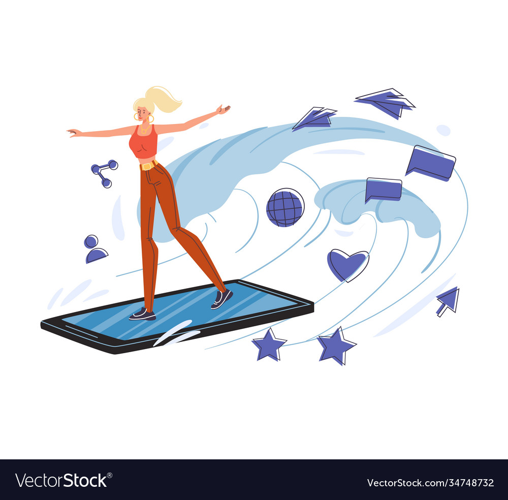 Flat cartoon character surfing internet