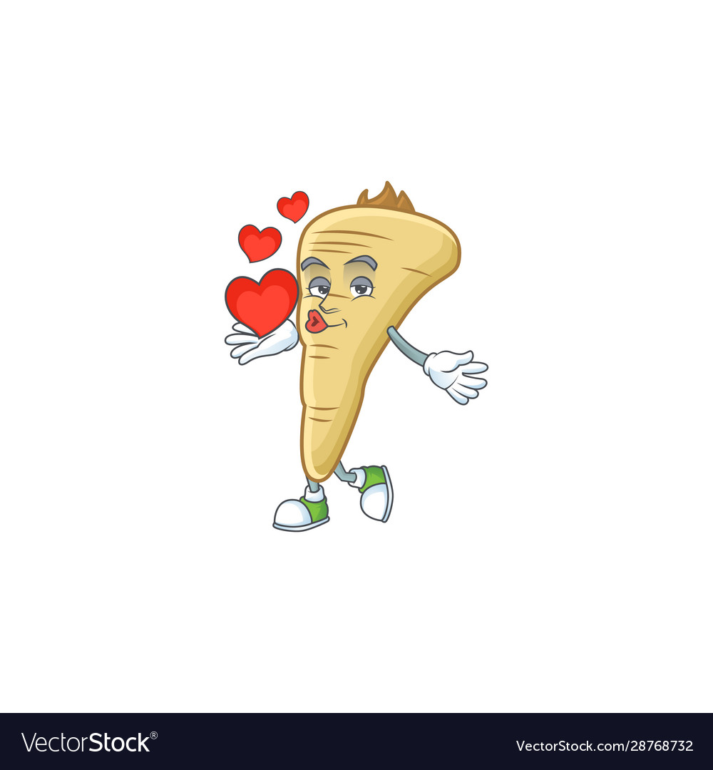 Happy parsnip cartoon character mascot with heart