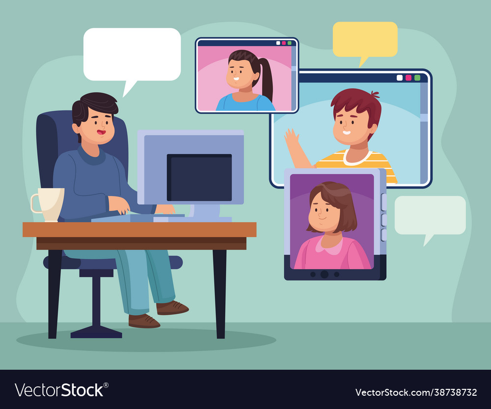 Man with computer at office and people in video