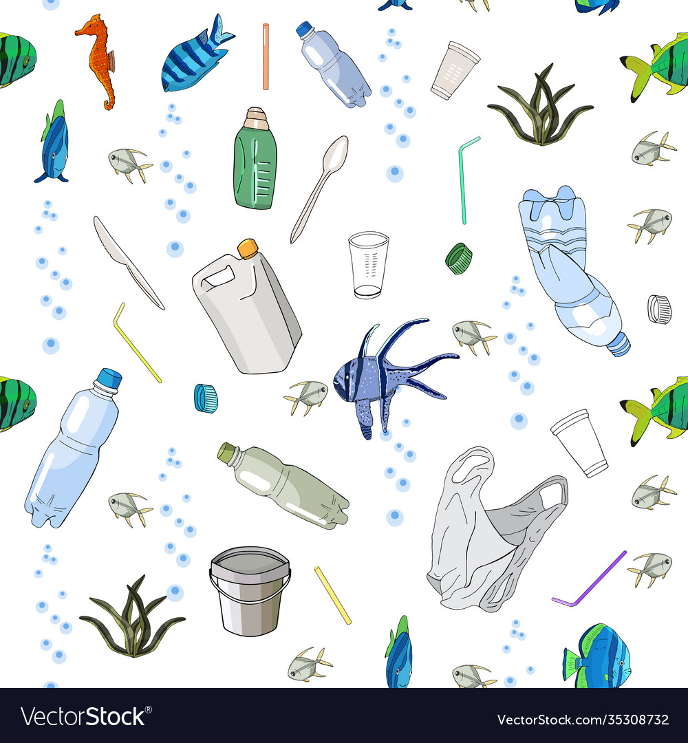 Seamless pattern with garbage in ocean