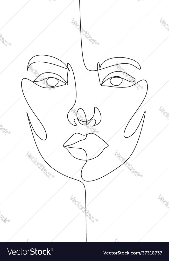 Beauty woman face with flowers one line drawing