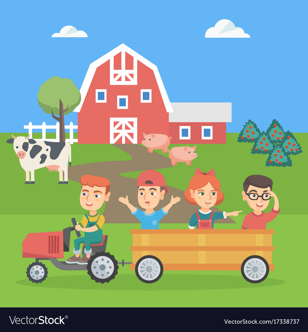 Boy driving a tractor with his friends in trailer