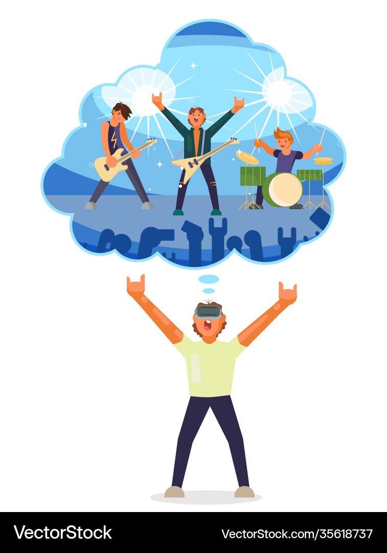 Boy playing virtual guitar in vr glasses together Vector Image