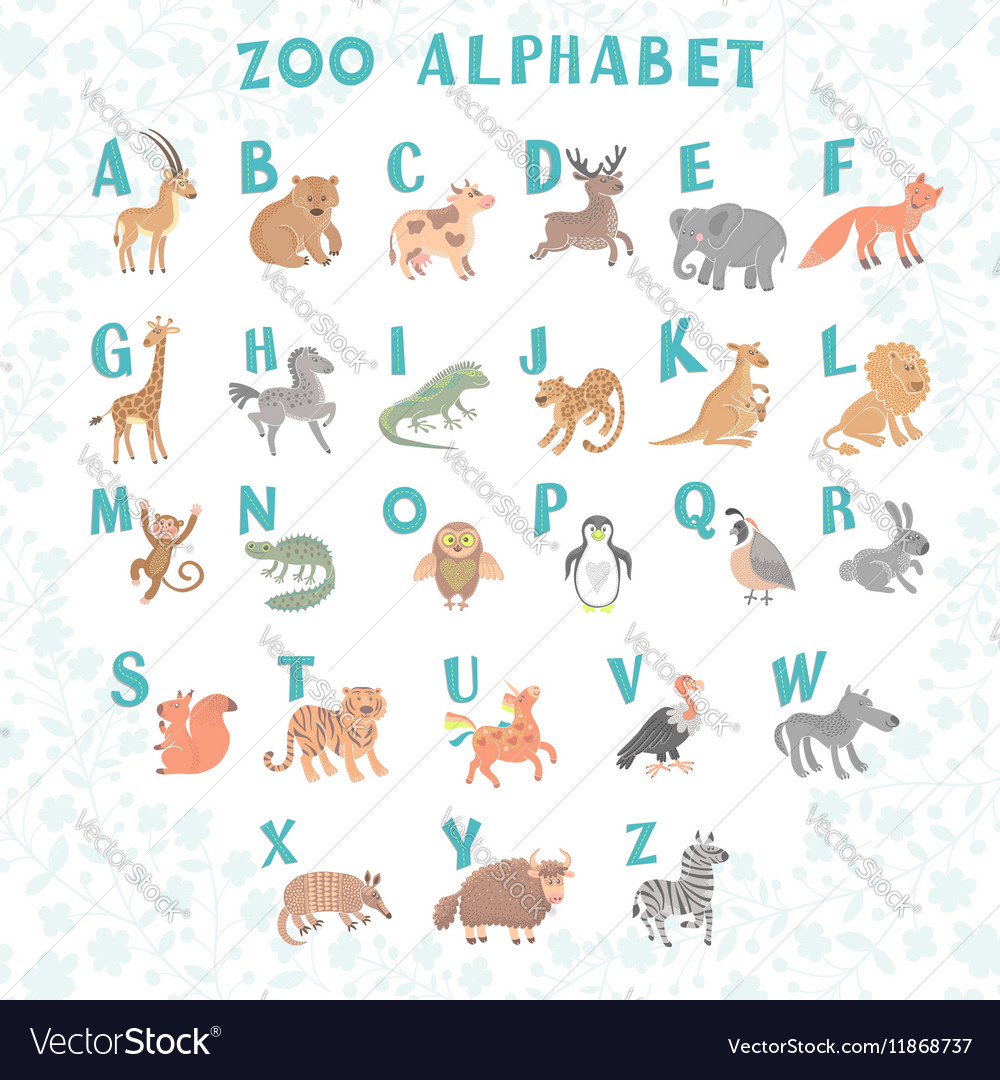 Cute zoo alphabet Funny cartoon animals Royalty Free Vector