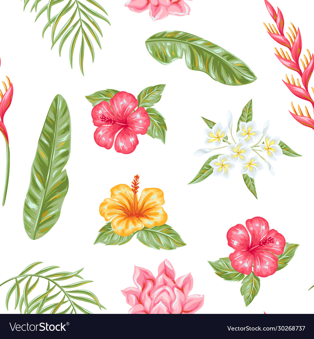 Seamless pattern with tropical flowers and leaves vector image Seamless pattern with tropical flowers and leaves