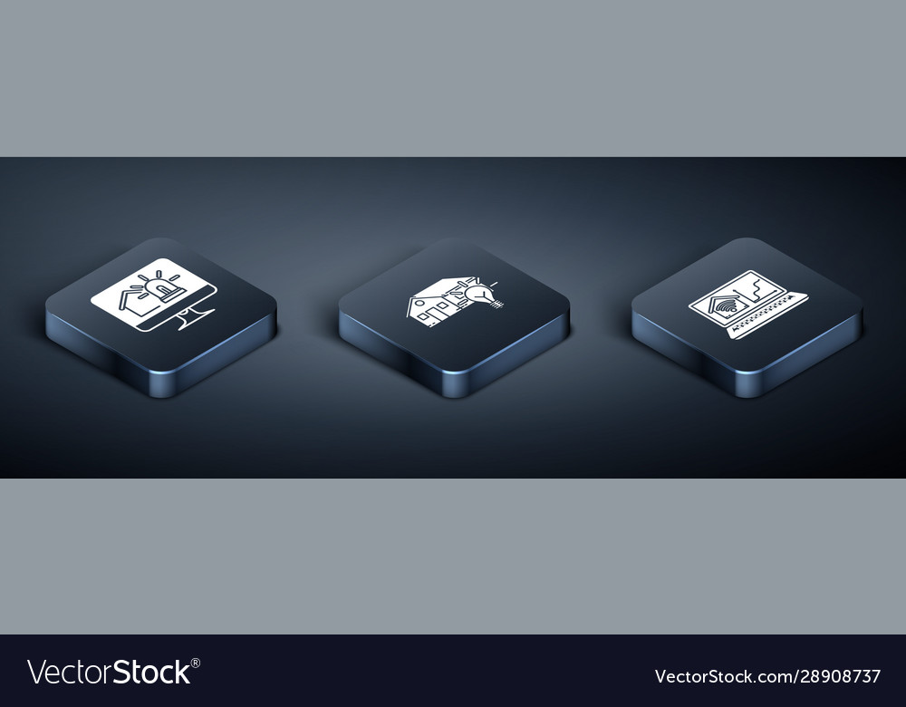 Set isometric computer monitor with smart house