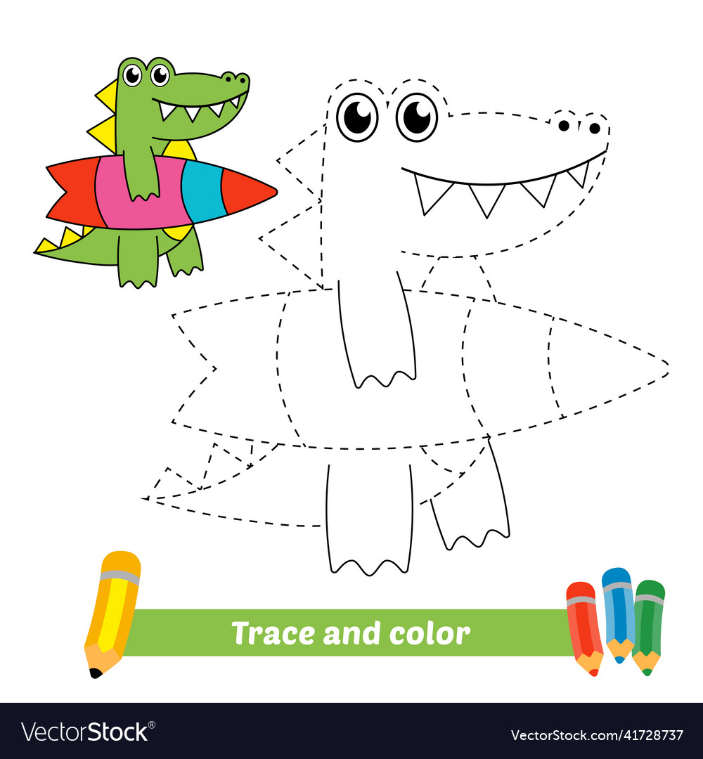 Trace and color for kids surfing crocodile