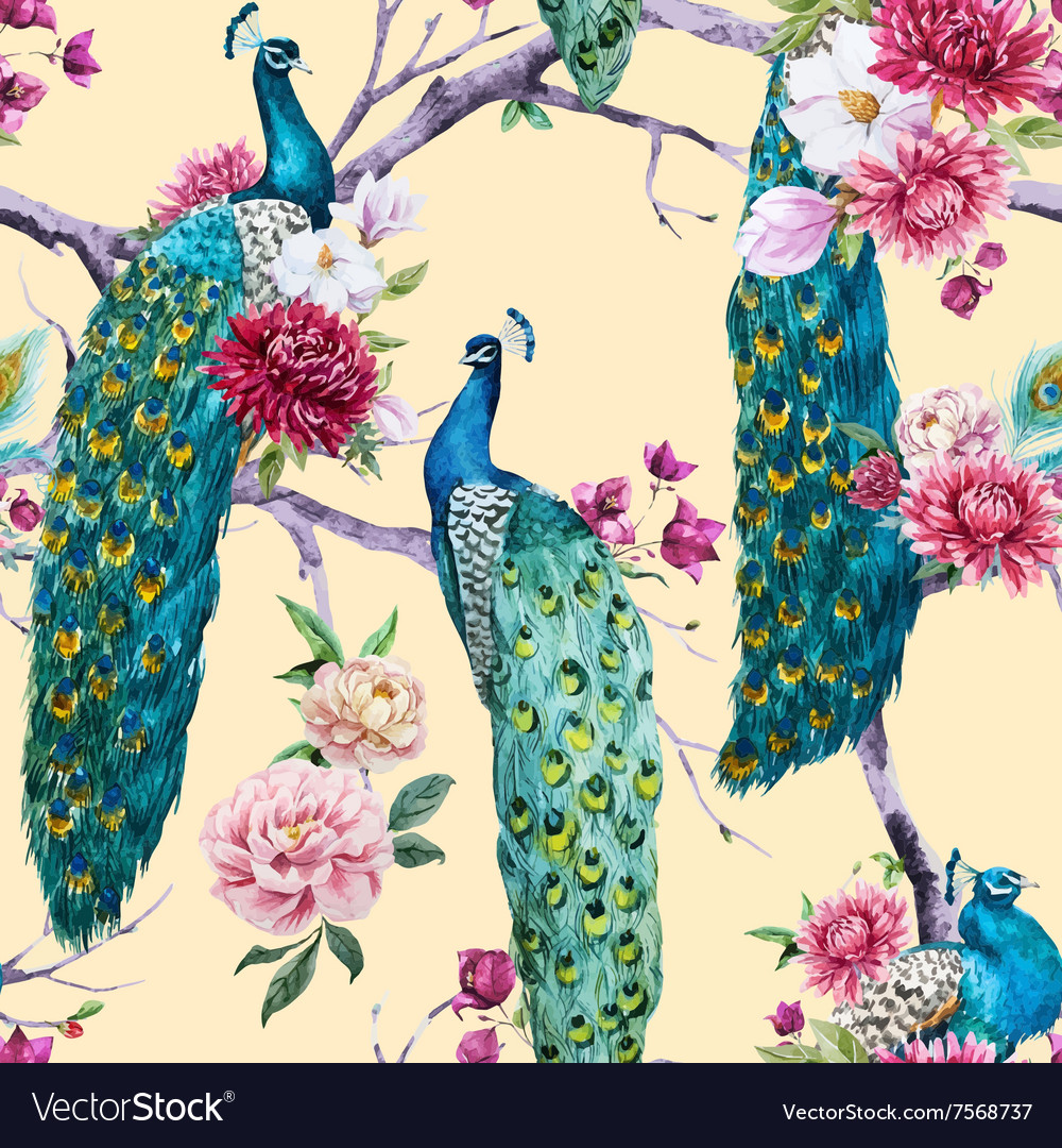 Watercolor Peacock And Flowers Pattern Royalty Free Vector 5355