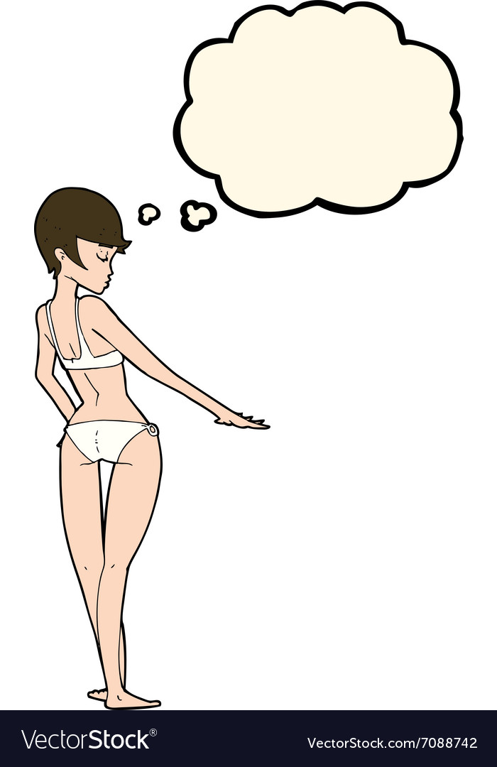 Cartoon woman in bikini with thought bubble