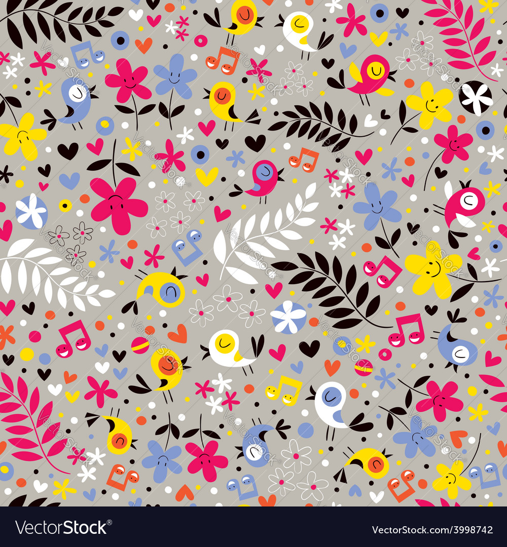 Cute birds and flowers seamless pattern