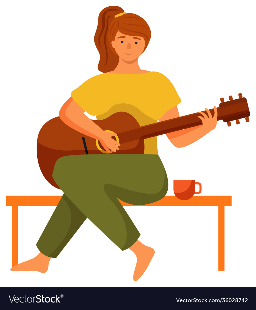 Woman is playing guitar sitting on bench